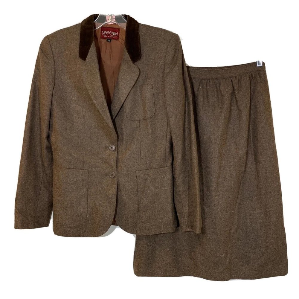 VTG 80s Sasson Women’s 7/8 Skirt Suit Brown Wool Velvet High Waist